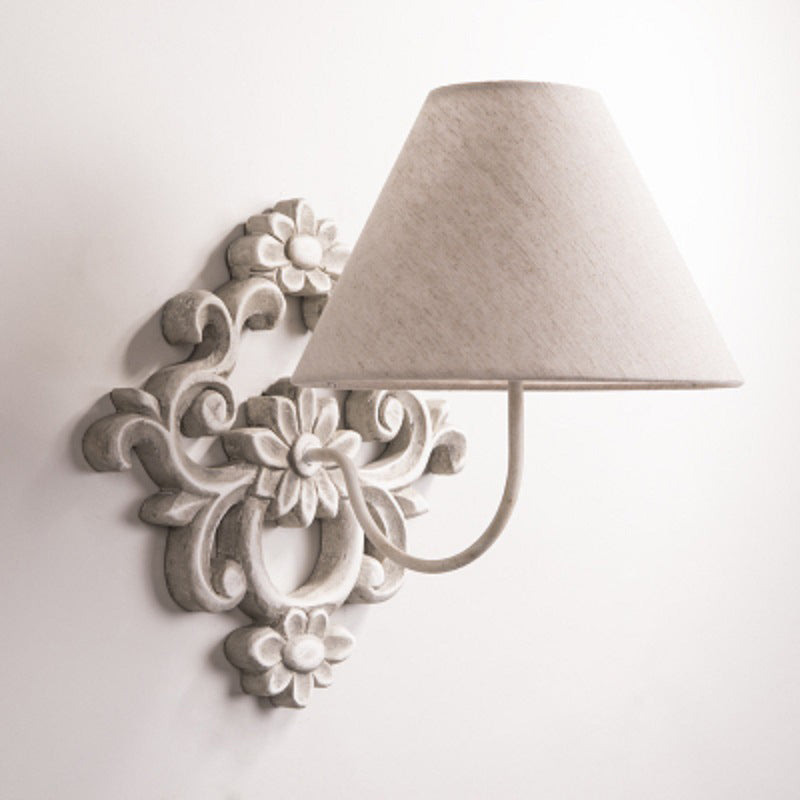 Traditional Vintage Carved Cylinder Solid Wood Fabric 1-Light Wall Sconce Lamp For Bedroom