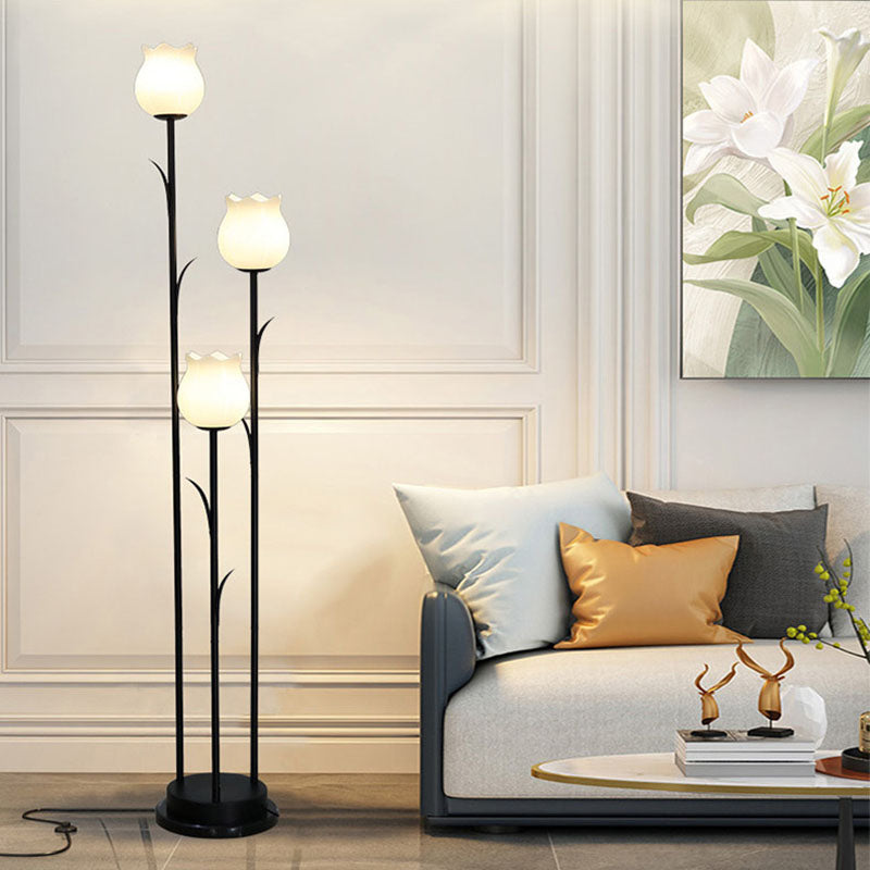 Contemporary Scandinavian Cylinder Flower Iron Glass 3-Light Standing Floor Lamp For Living Room