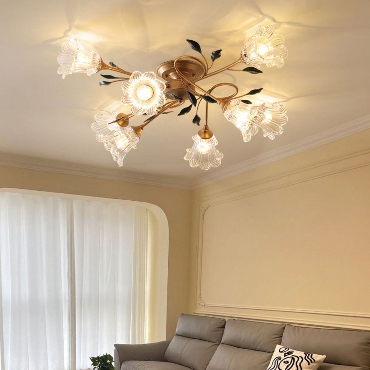 Traditional European Floral Iron Glass 6/8/10 Light Semi-Flush Mount Ceiling Light For Bedroom