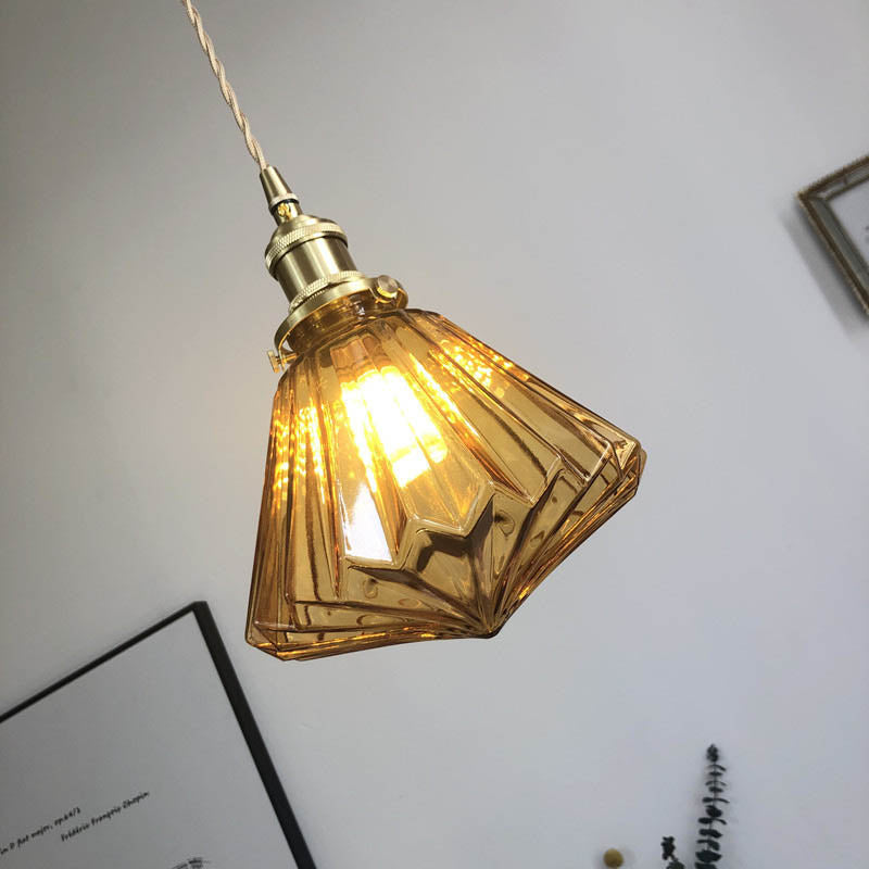 Modern Art Deco Brass Glass Diamond Shape 1-Light Pendant Light for Living Room