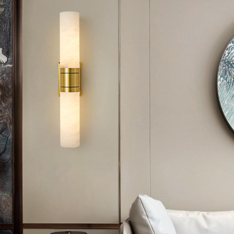 Modern Mid-Century Marble Column Copper 2-Light Wall Sconce Lamp For Living Room