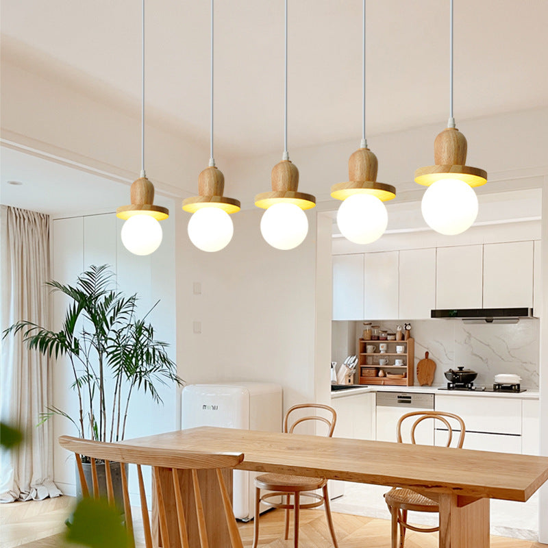 Traditional Japanese Wooden Linear Frame Globe Glass Shade 1/3/5-Light Island Light Chandelier For Living Room