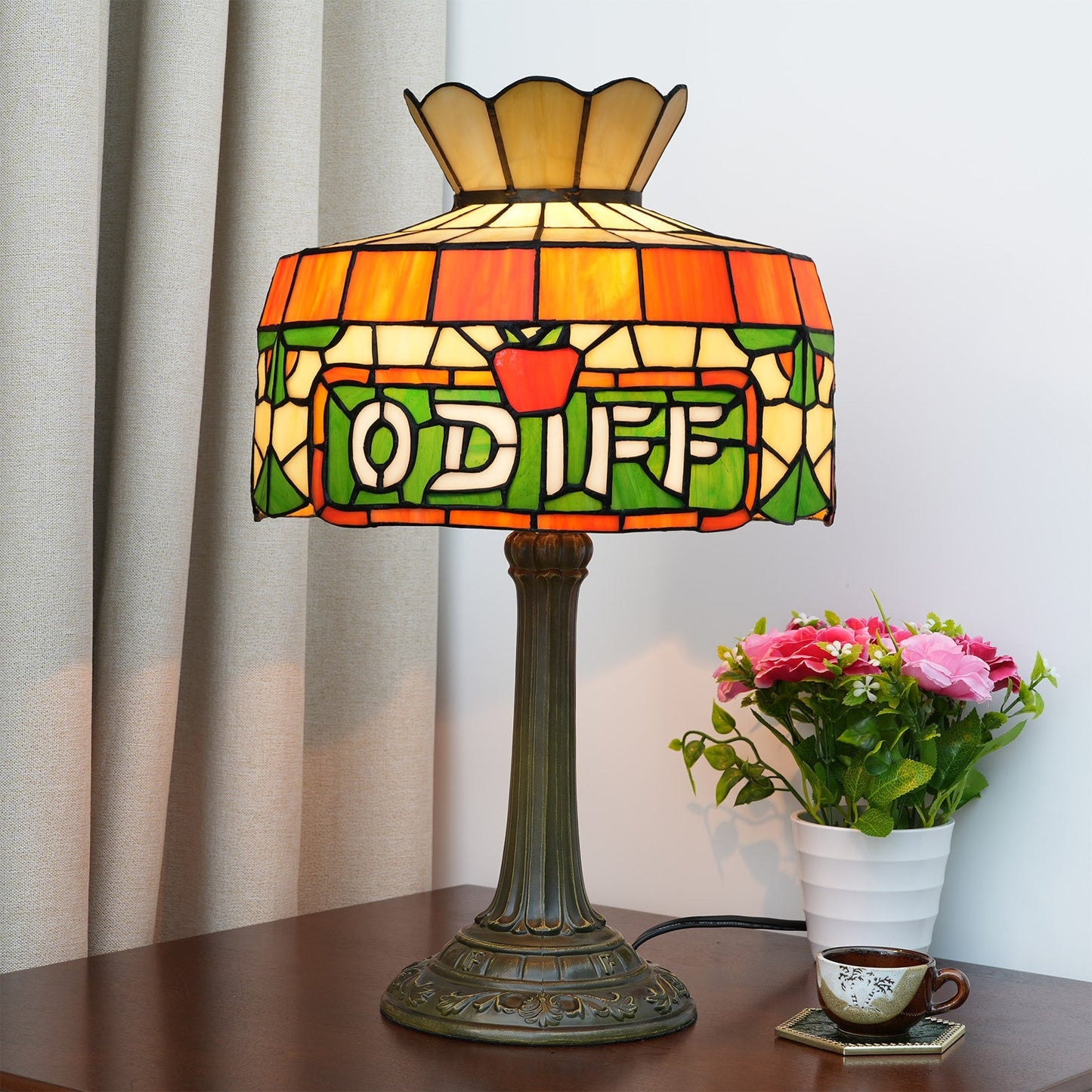 Traditional Tiffany Round Umbrella-Shaped Stained Glass Resin Iron 1-Light Table Lamp For Bedroom