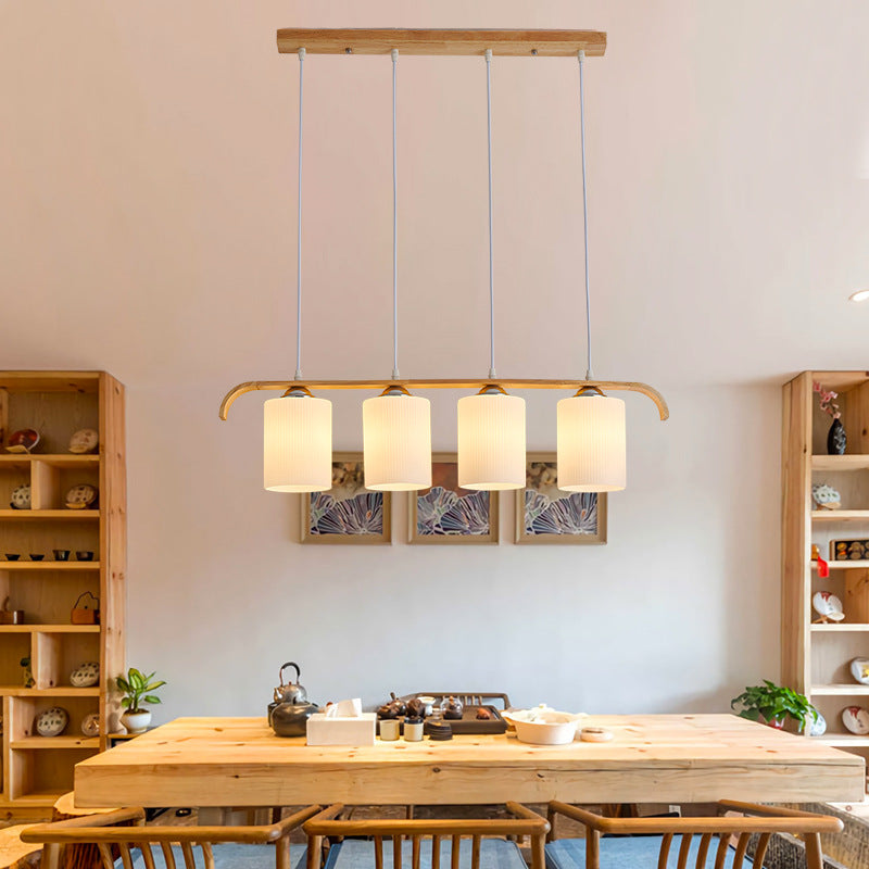 Contemporary Scandinavian Long Cylinder Glass Wood 4-Light Island Light Chandelier For Living Room