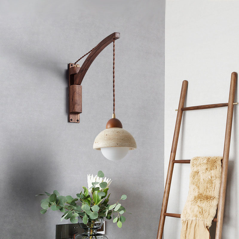 Japanese Wabi-Sabi Solid Wood Glass Horn 1-Light Wall Sconce Lamp