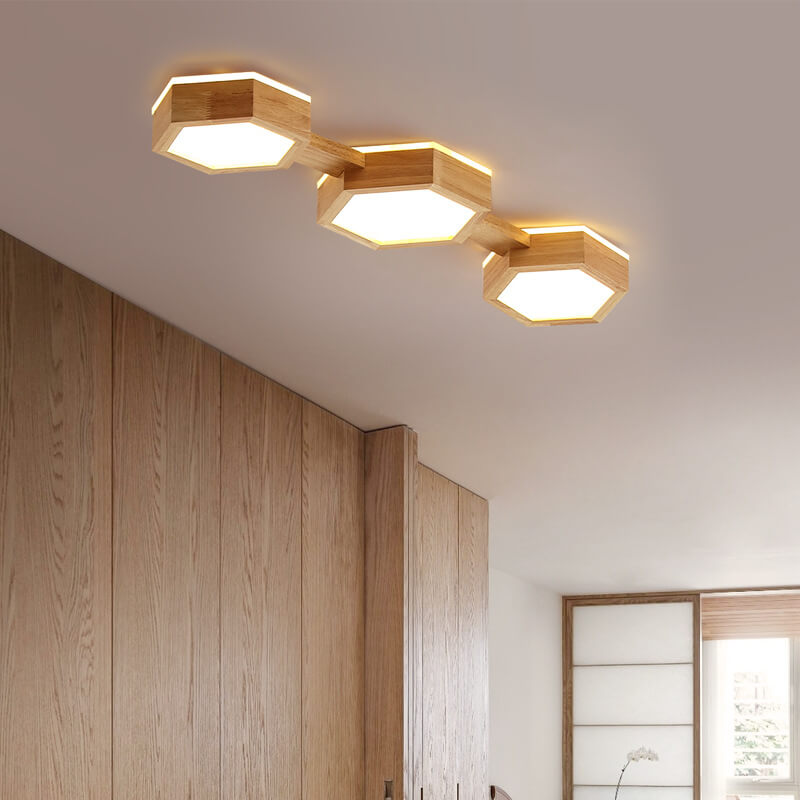 モダンでシンプルな木製六角形幾何学LEDフラッシュマウントシーリングライト