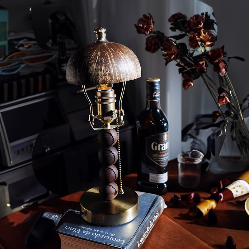 Traditional Vintage Coconut Shell Hardware Wood 1-Light Table Lamp For Bedroom