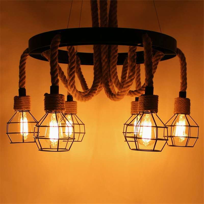 Traditional Rustic Hemp Rope Weaving Iron Cage 6/8-Light Chandelier For Dining Room
