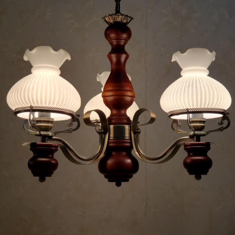 Traditional Rustic Candelabra Round Flower Iron Solid Wood 3-Light Chandelier For Living Room