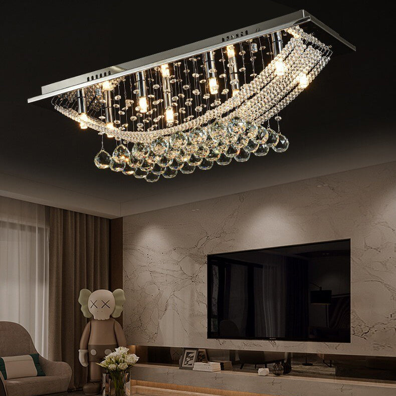 European Luxury Crystal Bead Curtain Rectangular Stainless Steel 8-Light Flush Mount Ceiling Light