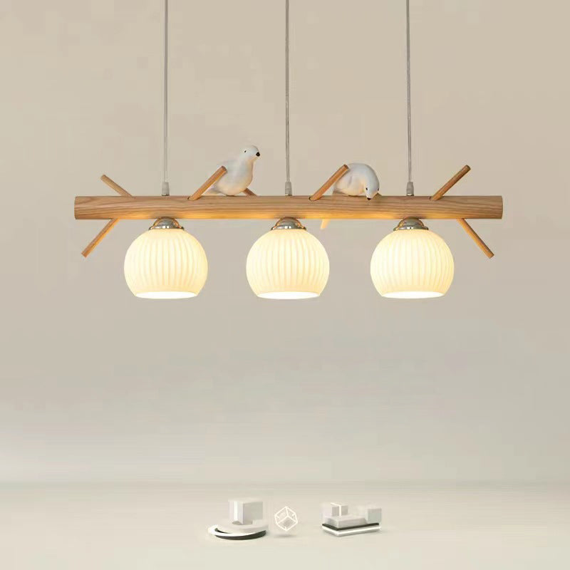 伝統的な日本の木製ストリップガラスラウンドシェード3ライトシャンデリアアイランドライトリビングルーム用