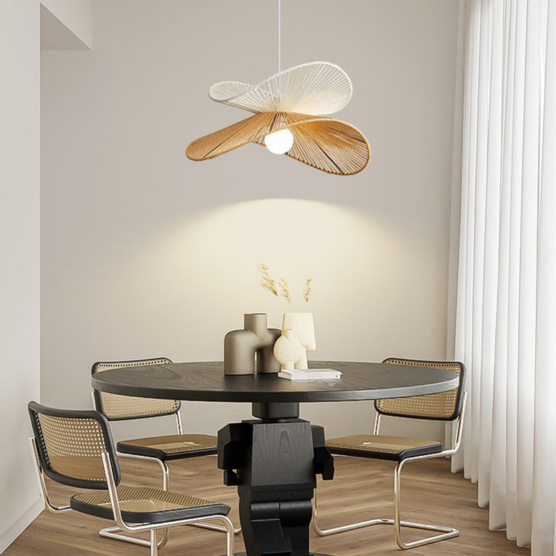 Traditional Vintage Wood Paper Rope Weaving Straw Hat Shape 1-Light Pendant Light For Living Room