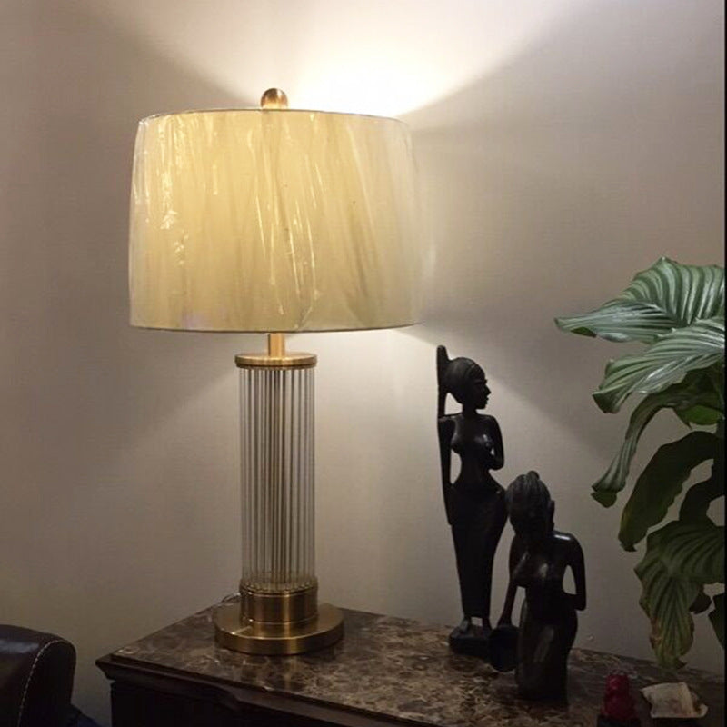 Modern Minimalist Round Cylinder Metal Glass Fabric 1-Light Table Lamp For Bedroom