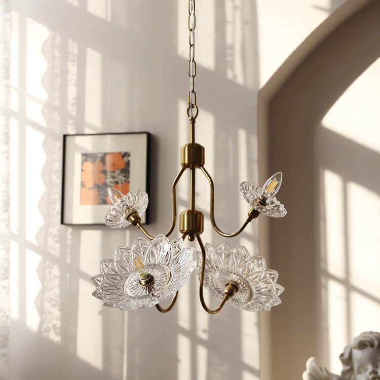 French Vintage Flower Butterfly Glass 4/6 Light Chandelier