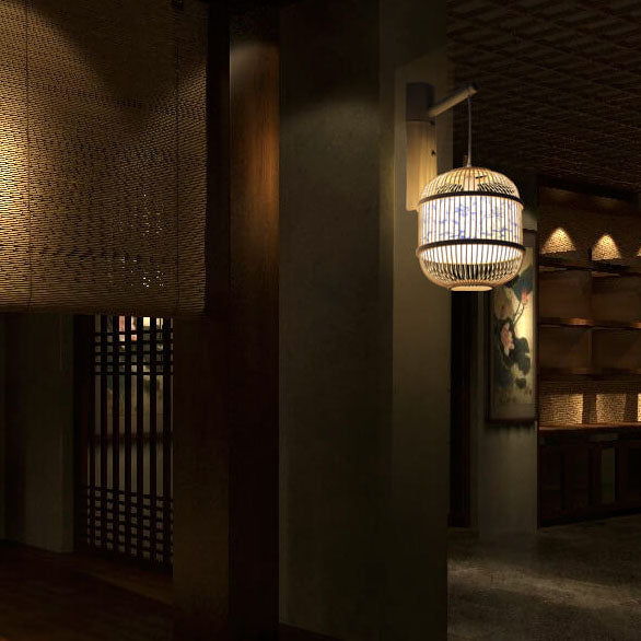 مصباح حائط بيضاوي الشكل من رق الخيزران الصيني الحديث مزود بإضاءة واحدة