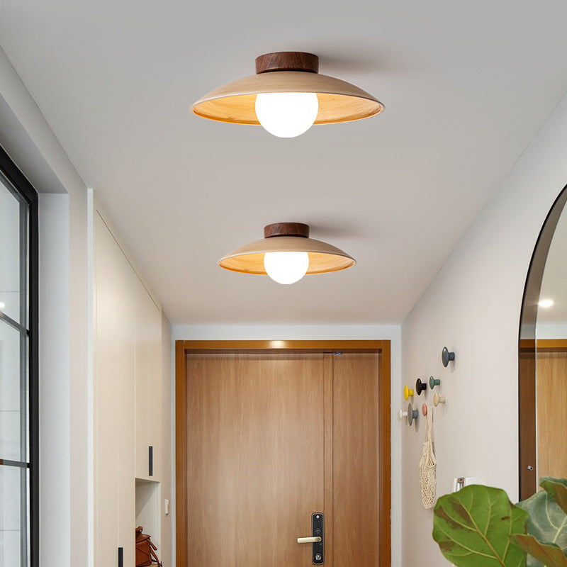 Traditional Japanese Woodgrain Disc Glass Shade 1-Light Semi-Flush Mount Ceiling Light For Hallway