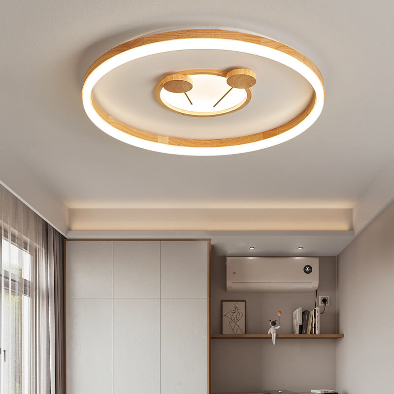 Japanese Cartoon Round Solid Wood Acrylic LED Flush Mount Ceiling Light