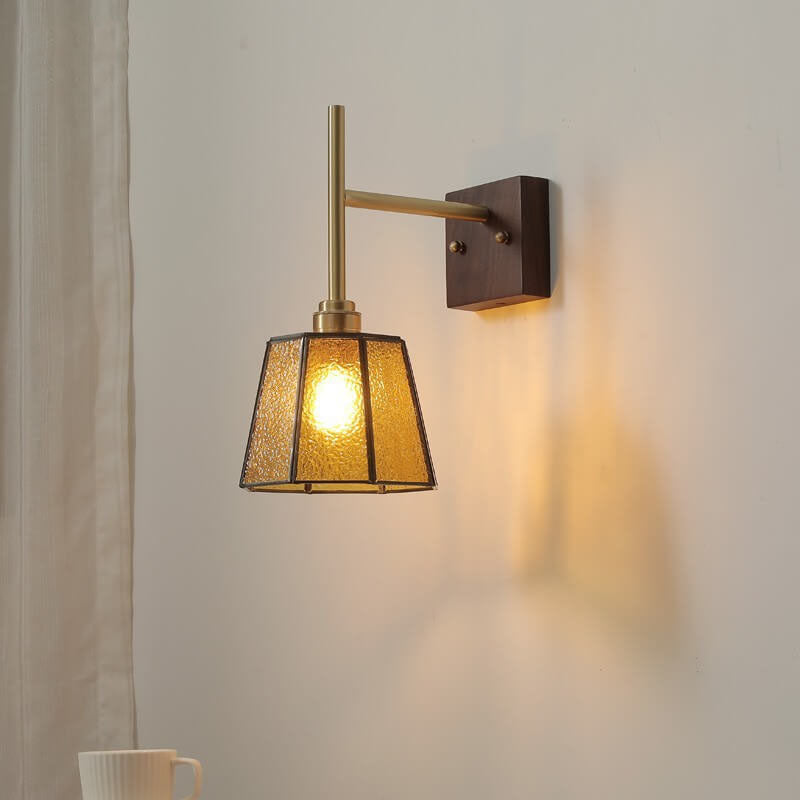 Vintage Amber Glass Shade Walnut 1-Light Wall Sconce Lamp