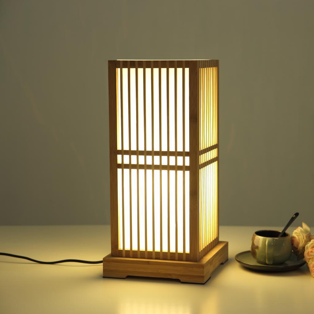 Japanese Minimalist Wooden Square Column 1-Light Table Lamp