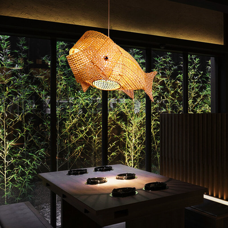 Chinese Retro Bamboo Weaving Fish Shape 1-Light Pendant Light