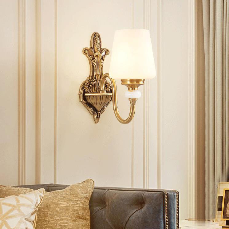European Luxury Jade Glass Brass Cone Cup Shade 1/2 Light Wall Sconce Lamp