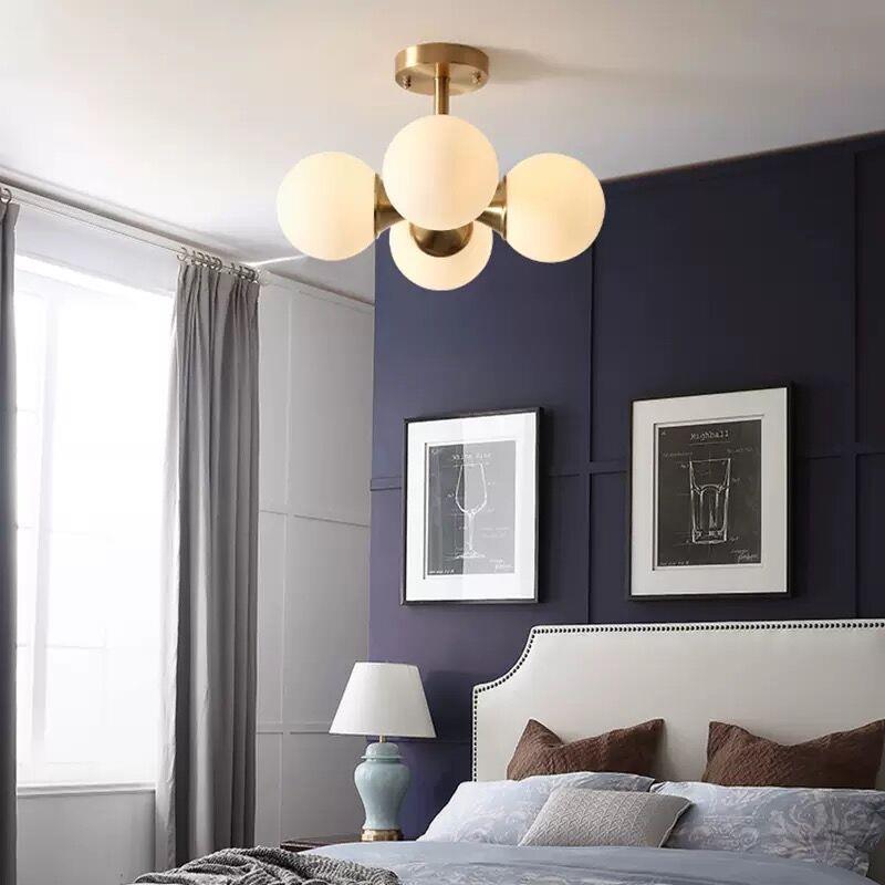 Modern Mid-Century Gold Finish Frame Glass Globe Ball 4-Light Chandelier For Living Room