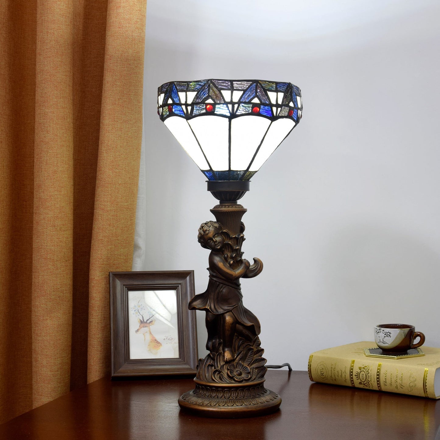 Traditional Vintage Resin Glass Diamond Boy 1-Light Table Lamp For Living Room