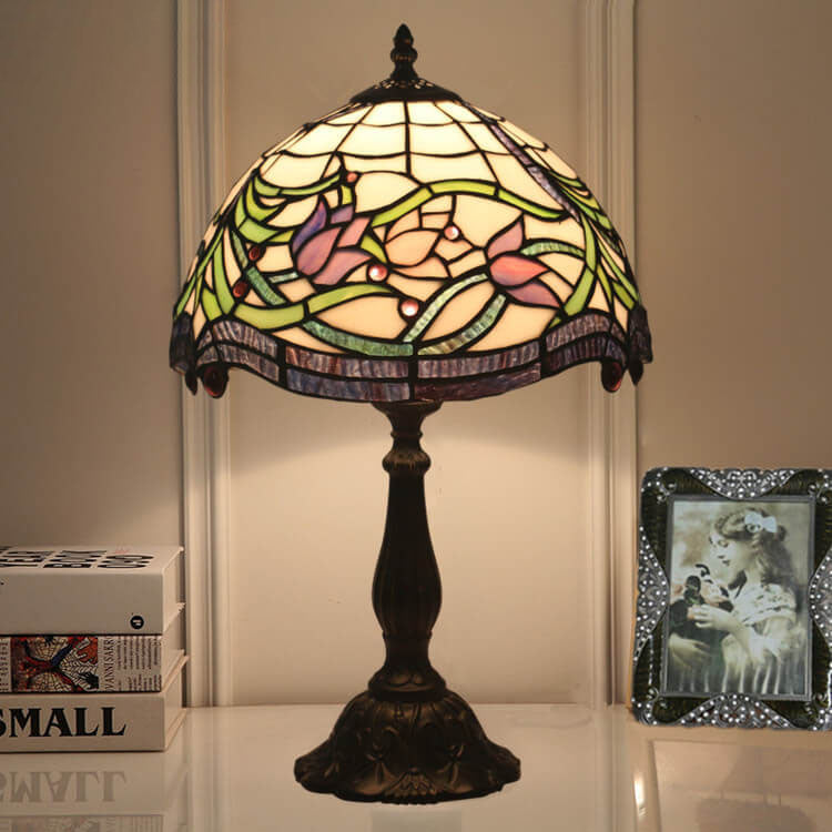 Vintage Tiffany Tulip Stained Glass Resin Dome 1-Light Table Lamp