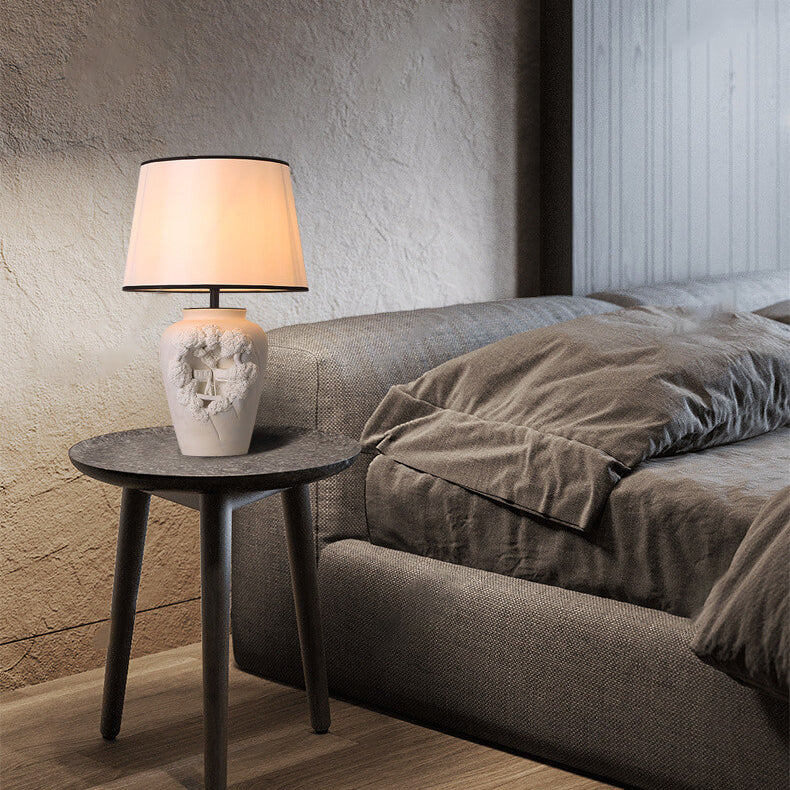 Modern Minimalist Carved Vase Base Ceramic Fabric 1-Light Table Lamp