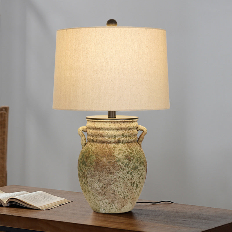 Traditional Vintage Round Vase Jar Base Ceramic Fabric 1-Light Table Lamp For Living Room
