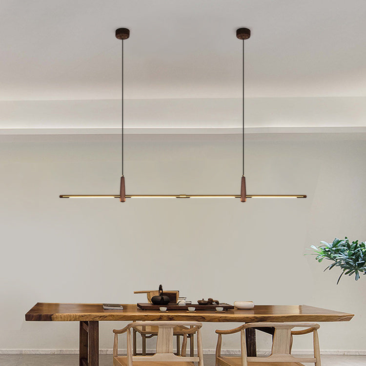Contemporary Scandinavian Copper Brass Wood Strip LED Kitchen Island Light Chandelier For Dining Room