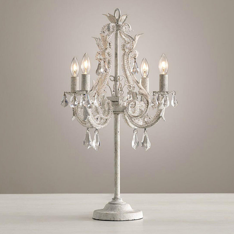 Contemporary Boho Distressed White Hardware Candelabra Design Crystal Bead 4-Light Table Lamp For Bedroom