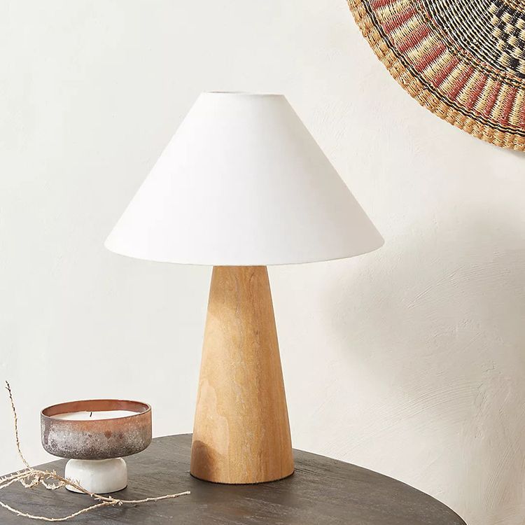 Traditional Japanese Vintage Cone Fabric Wood Base 1-Light Table Lamp For Bedroom