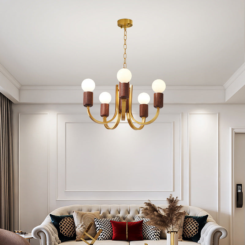 Contemporary Vintage Curved Rod Cylinder Candlestick Shape Copper Wood 3/4/5 Light Chandelier For Living Room