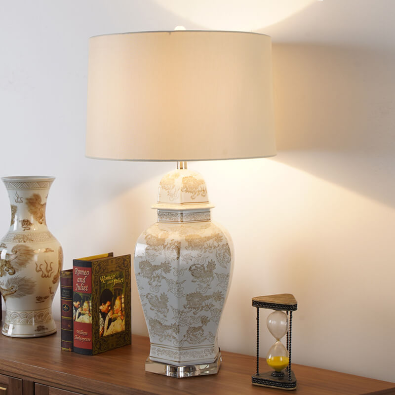 Vintage Palace Ceramics Base Fabric Drum Shade 1-Light Table Lamp