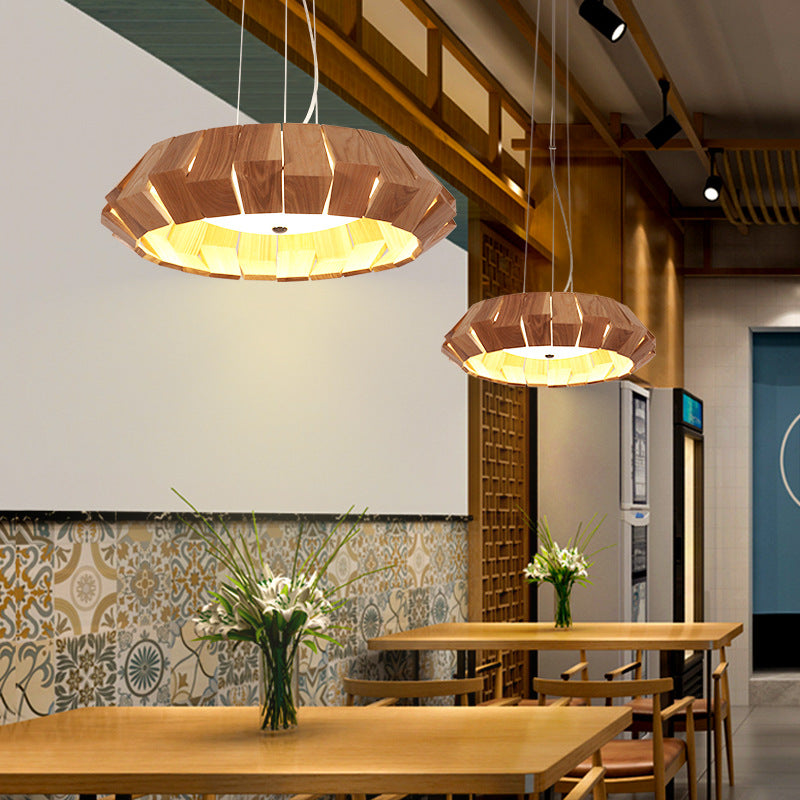 Contemporary Scandinavian Round Flying Saucer Wood Glass LED Chandelier For Living Room