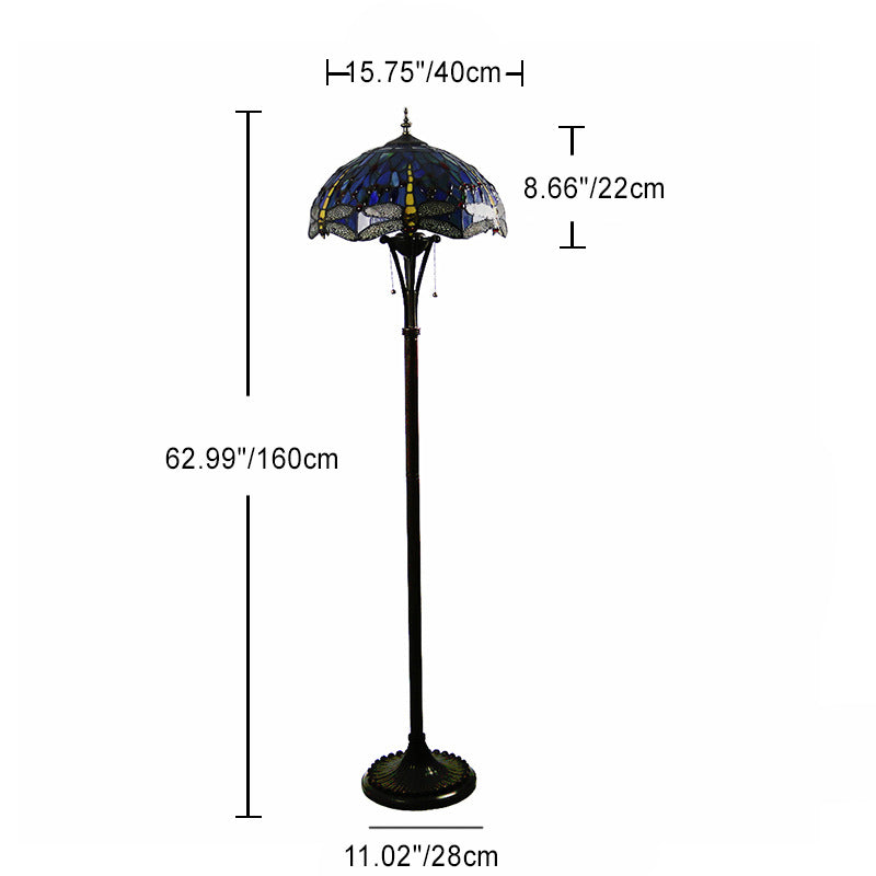 Traditional Tiffany Mediterranean Dragonfly Stained Glass Dome Shade 2-Light Standing Floor Lamp For Home Office