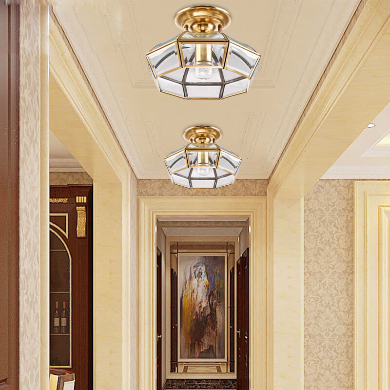 Modern Luxury Octagonal Brass Crystal Glass 1-Light Semi-Flush Mount Ceiling Light
