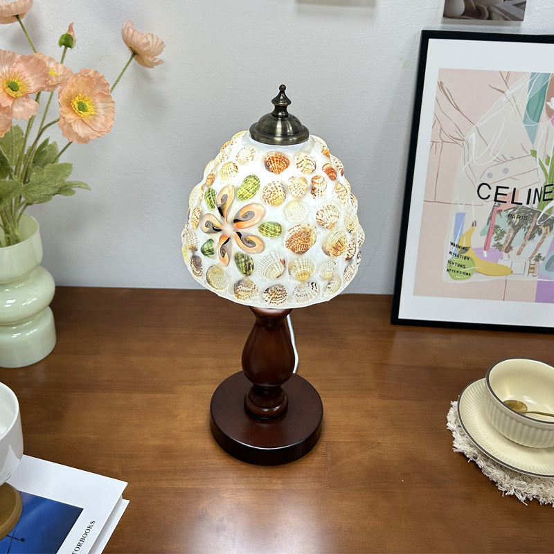 Traditional Vintage Wood Glass Hemispheroid Shell Lozenge 1-Light Table Lamp For Bedside