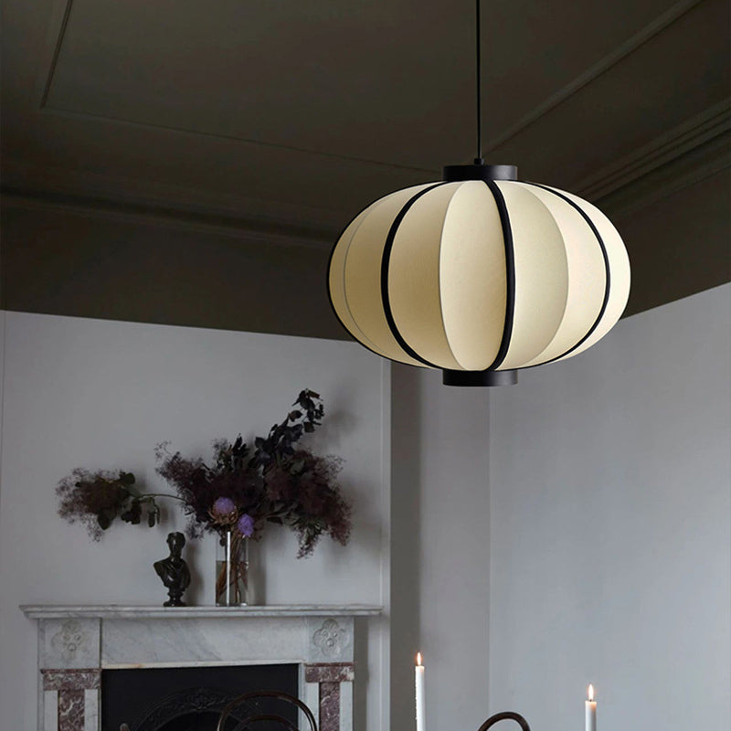 Traditional Chinese Fabric Lantern Iron Frame 1-Light Pendant Light For Living Room