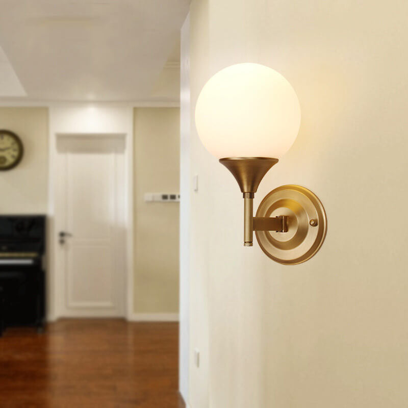 Modern Minimalist Pure Gold White Orb Copper Frosted Glass 1-Light Wall Sconce Lamp
