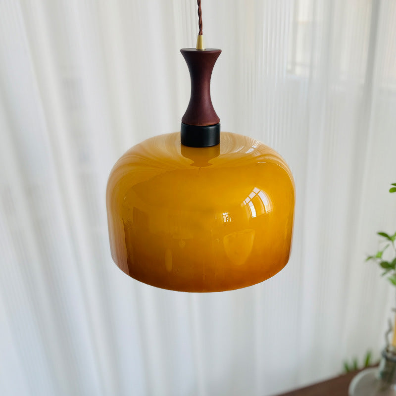 Traditional Vintage Wooden Glass Round Cylinder 1-Light Pendant Light For Living Room