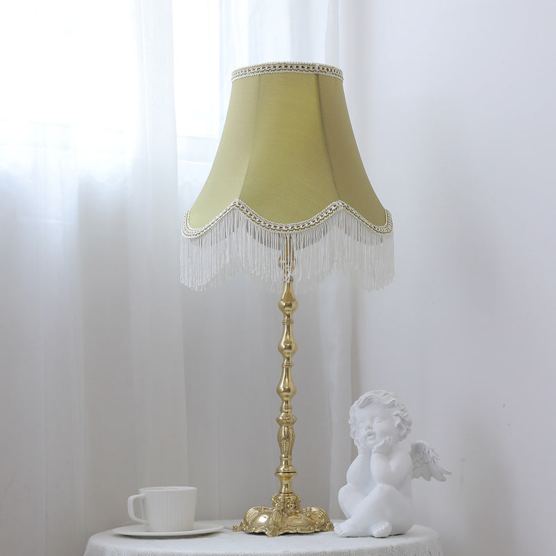 Traditional Vintage Copper Fabric Cylinder Fringed Trapezoid 1-Light Table Lamp For Bedroom
