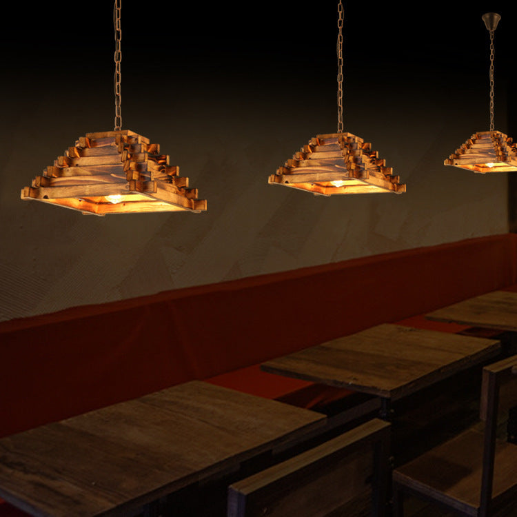 Traditional Rustic Wood Trapezoidal Shade Iron Chain 1-Light Pendant Light For Dining Room