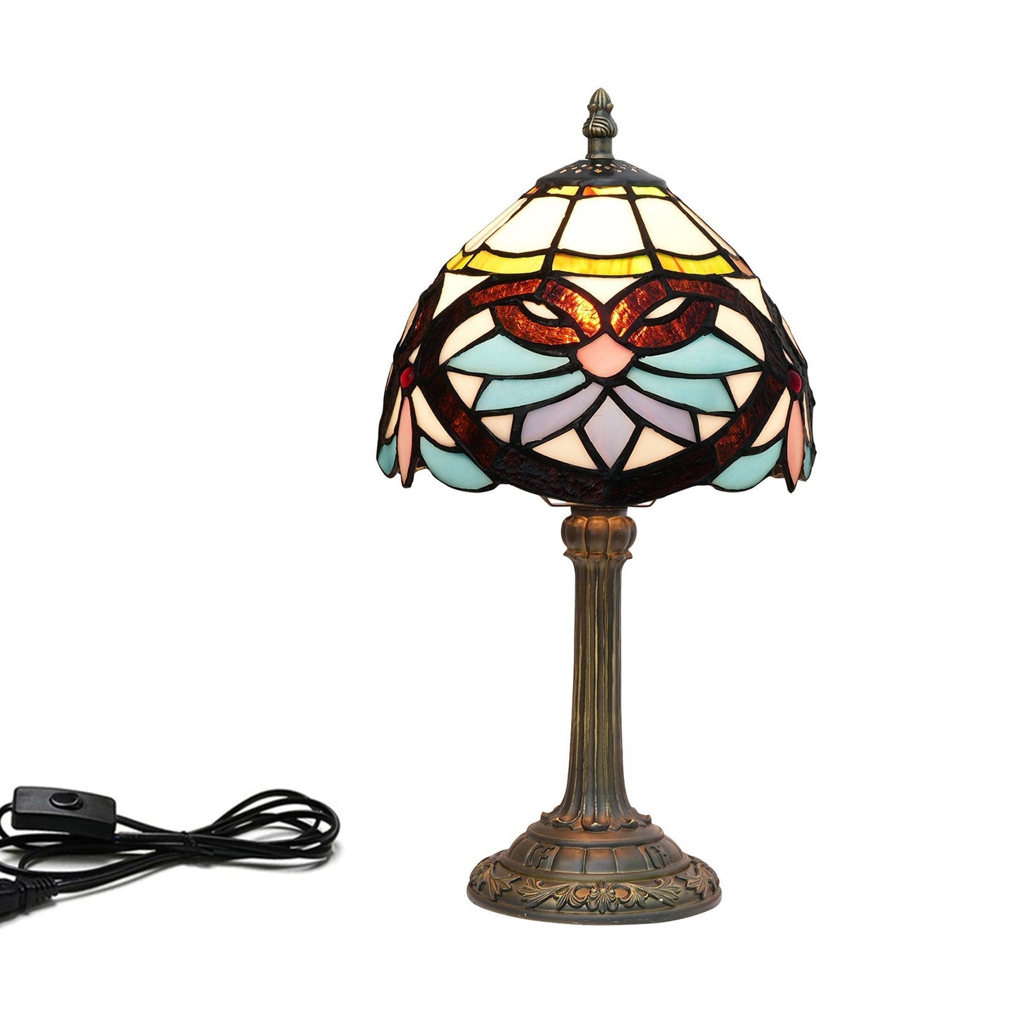 Traditional Tiffany Blue Heart Half Circle Stained Glass Resin 1-Light Table Lamp For Bedroom