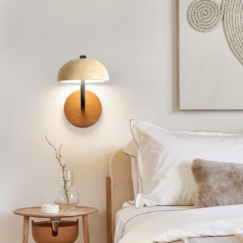 Traditional Japanese Stone Iron Wood Umbrella Mushroom LED Wall Sconce Lamp For Bedside
