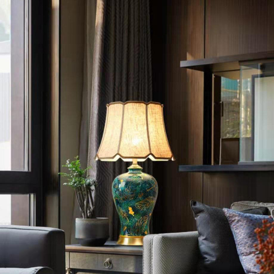 Traditional Chinese Fabric Shade Ceramic Vase Base 1-Light Table Lamp For Home Office