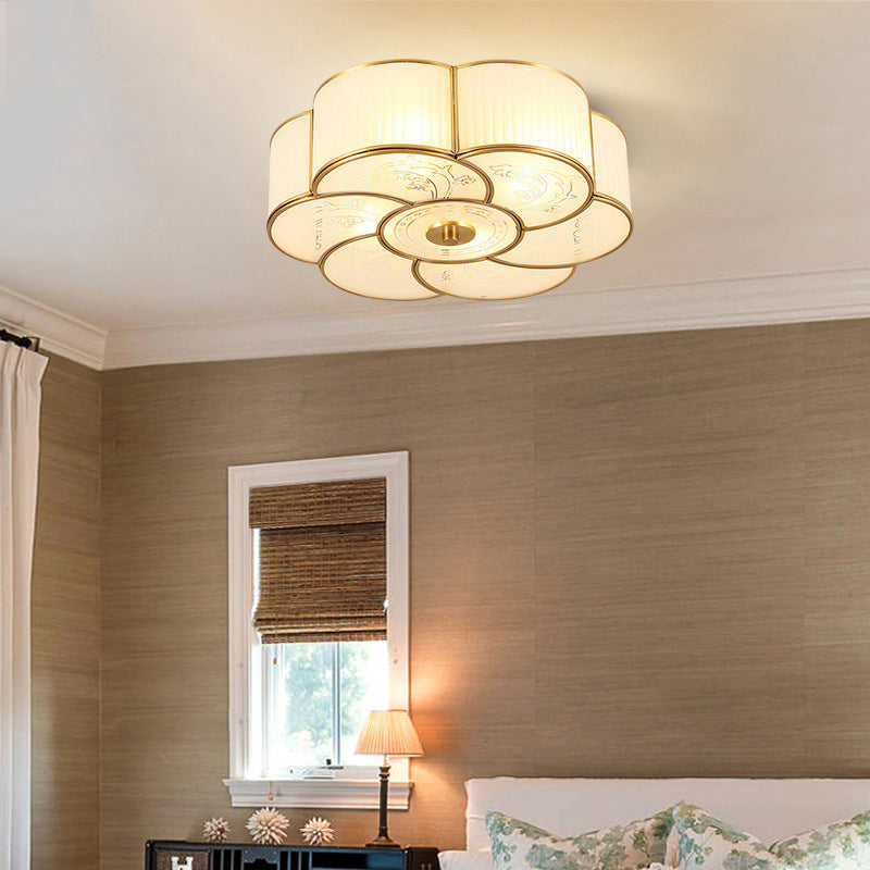 Traditional European Flower Petal Copper Glass 3/4/6 Light Flush Mount Ceiling Light For Living Room
