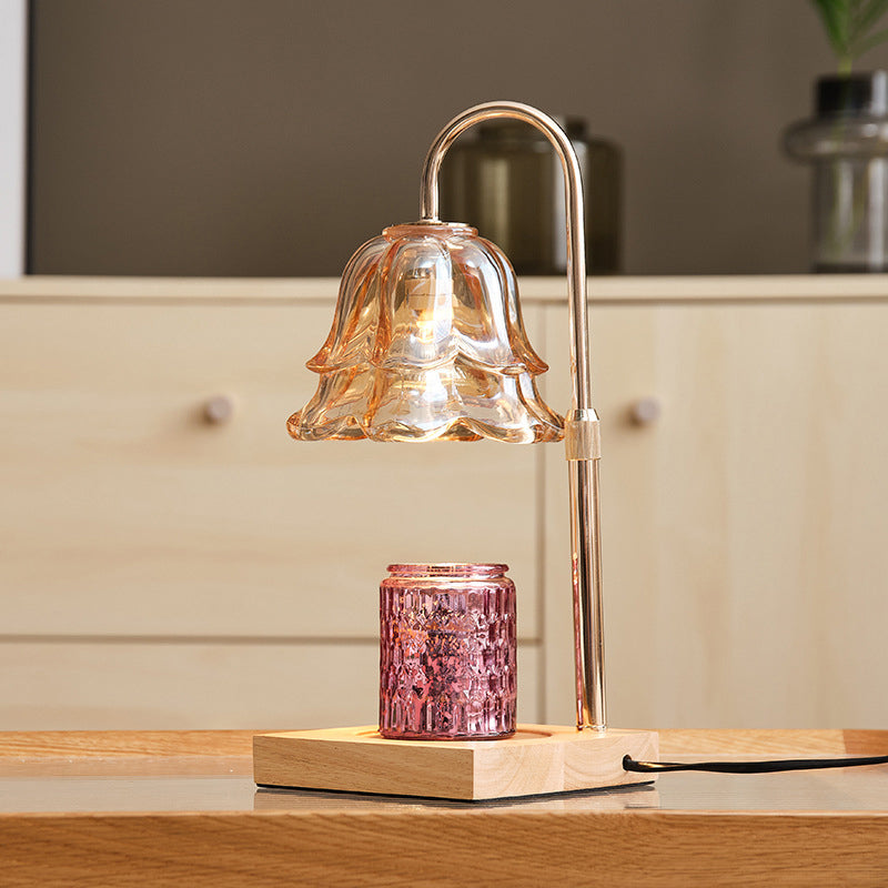 Modern Art Deco Floral Glass Metal Wood 1-Light Melting Wax Table Lamp For Bedroom