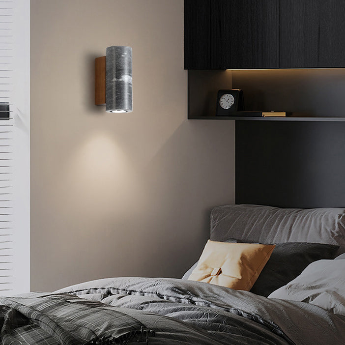 Modern Minimalist Stone Wood Cylinder Square 1-Light Wall Sconce Lamp For Bedroom
